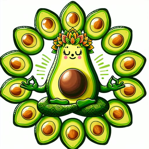 AvoYo (a personified avocado as a yogi meditating in a mandala of avocados)