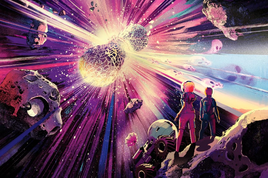 Adventuring out of comfort zone (Gamma Ray Ghouls background, abstract vintage Sci-Fi art. Two explorers looking at the surreal scene)