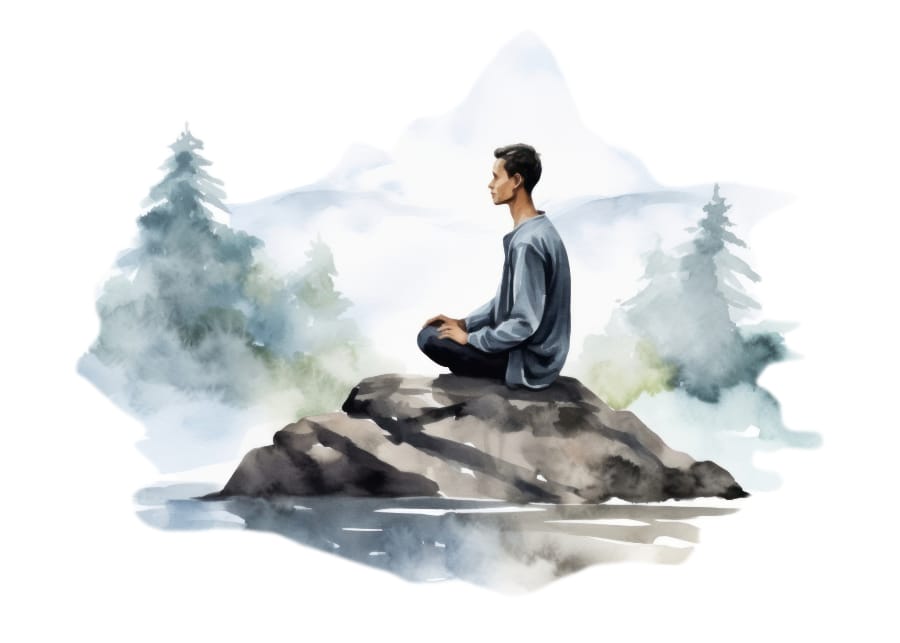 停下来,看看自己 停下来,看看自己(digital painting of a man meditating on a rock in the middle of a lake with a picturesque landscape as background)