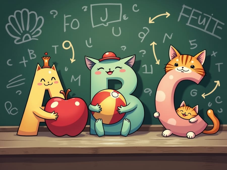字母联想大挑战 字母联想大挑战 (三只造型可爱的猫咪组成A、B、C字母,黑板背景突出课堂和字母学习主题)