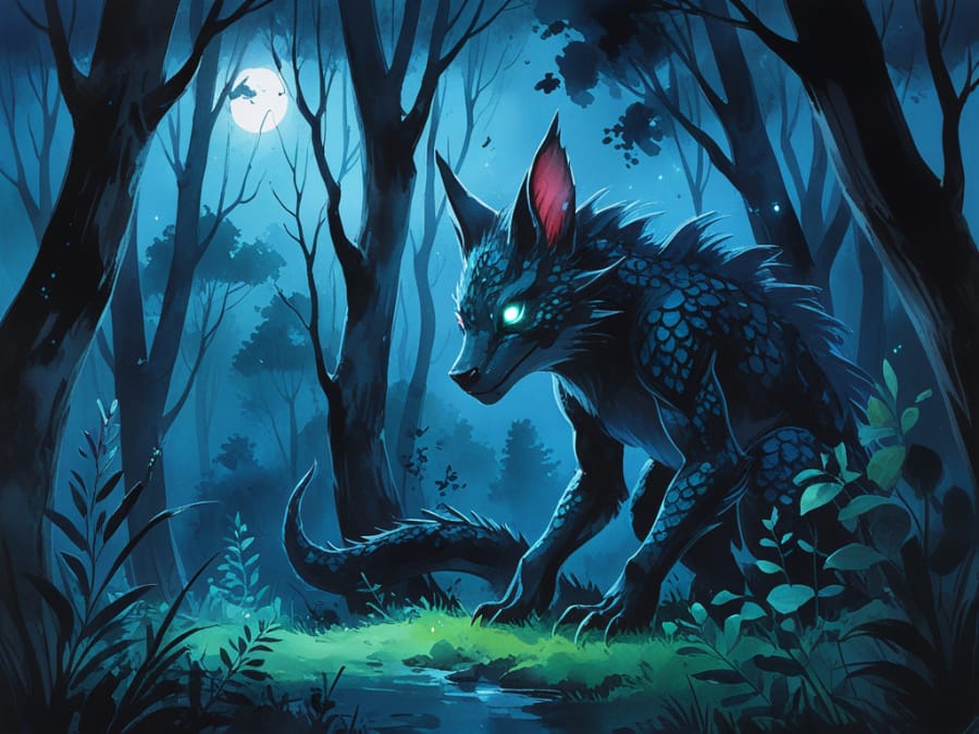 神秘来客猜猜看 神秘来客猜猜看 (神秘森林中,一只带有狼与蜥蜴特征的蓝色生物在月光下警觉地伫立,眼睛发出亮绿色光芒。)