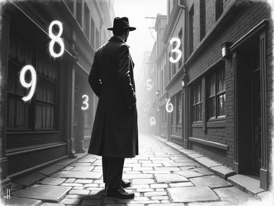 数字侦探 数字侦探 (一位穿着老式大衣和帽子的侦探站在黑白色调的城市小巷中央)