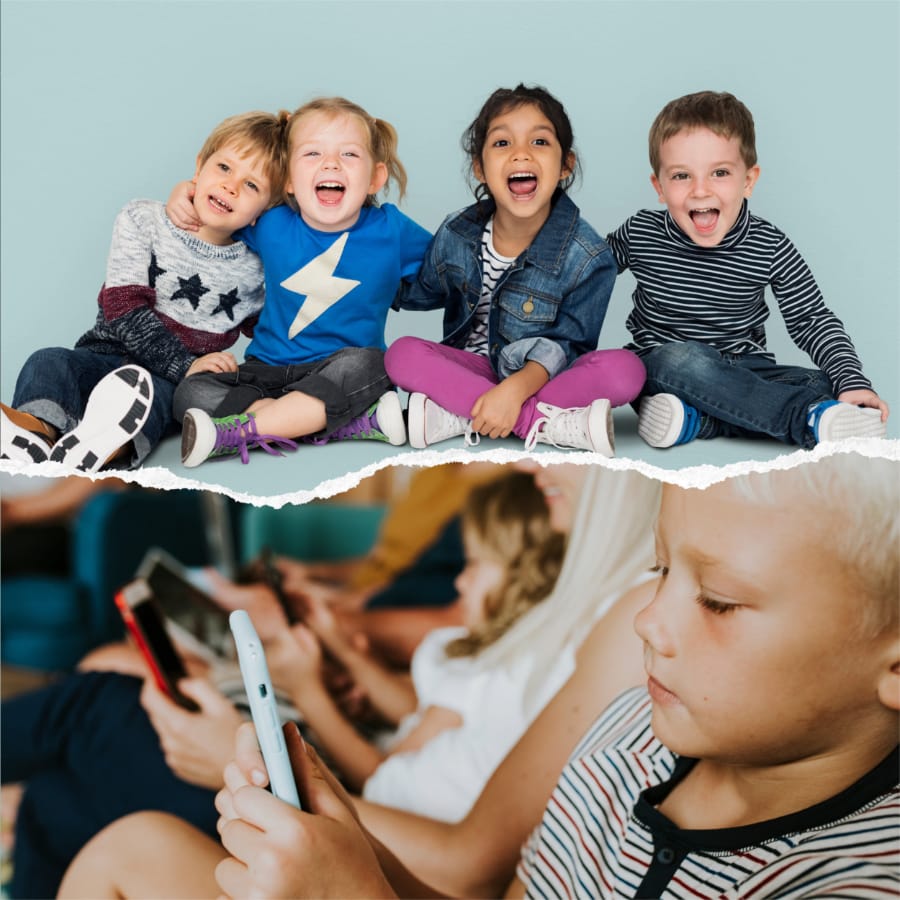 乘车秘籍-亲子游戏 (上半部分是四个开心的孩子坐着一排,下半部分则为一家人模糊地坐在一起玩手机)