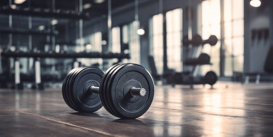 健身房画面 健身房画面 (健身房地板上黑色哑铃特写,背景为模糊的健身设备和充足的自然光)