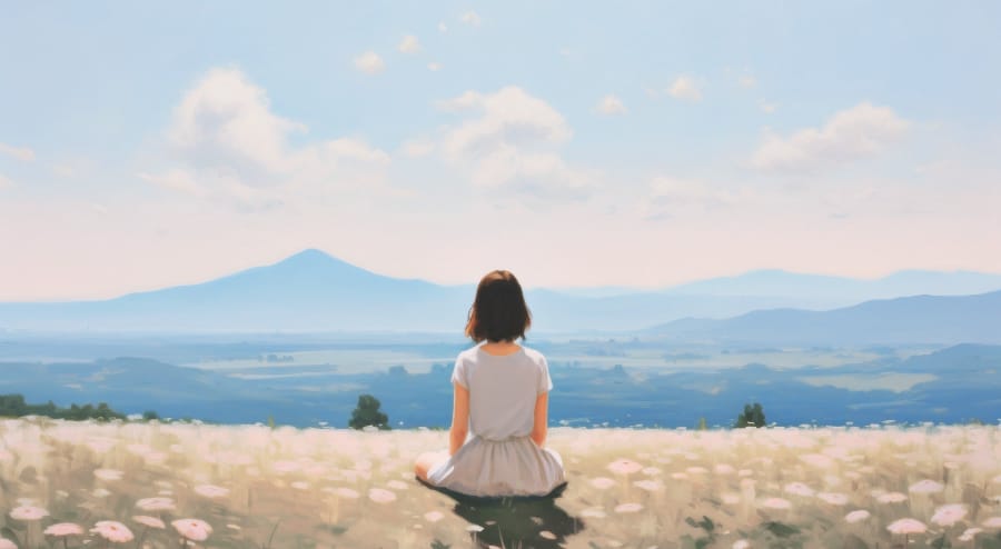 悠然了,南山自然呈现眼前 悠然了,南山自然呈现眼前 (一位短发女子身穿浅色连衣裙,静坐在野花遍布的山顶,眺望远处柔和色彩的南山和宁静山谷。)