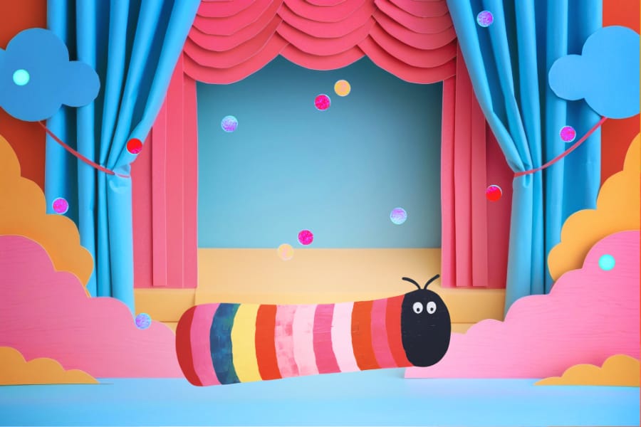 小毛毛虫的舞台 (一只用纸板制作的彩色毛毛虫在童趣舞台上，背景为粉色帷幕和蓝色天空)