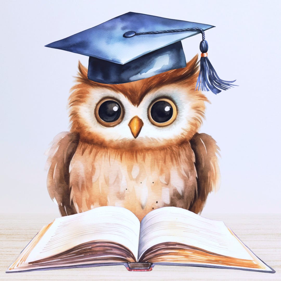 英伦毕业季 (水彩风格的猫头鹰穿着毕业帽,专注地看着前方,身前摊开一本空白书页)