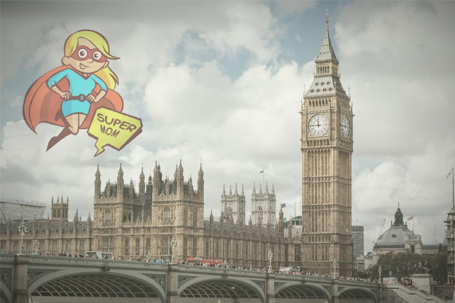 路痴妈妈勇闯伦敦 (卡通超人妈妈飞翔，背景是伦敦议会大厦与大本钟)